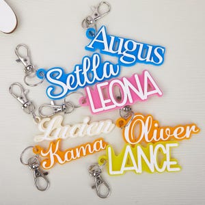 Pode incluir: Uma coleção de chaveiros personalizados com nomes em várias cores, incluindo azul, rosa, laranja e amarelo. Cada chaveiro apresenta um nome diferente em uma fonte elegante, com um fecho prateado.
