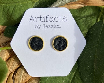 Black leather studs, gold setting, 10 mm, small leather earrings, black leather , stud earrings, gift idea