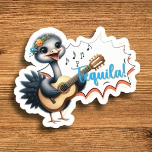 Divertente adesivo carino Baby Autruche jouant de la guitare Tequila Song Autocollant drôle Bébé Autruche jouant de la guitare chanson