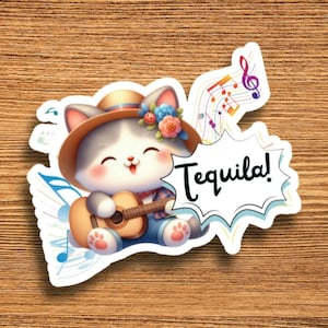 Divertente adesivo carino Baby Cat Kitty Kitten che suona la chitarra Tequila Song Autocollant Drôle Bébé Chat Chaton Jouant de la Guitare Chanson