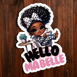 Autocolante mignon fille noire com um café Hello ma belle en français para ordenador, bouteille, cadeau de vinil de alta qualidade
