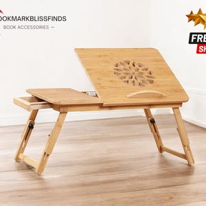 Bambus Tragbarer Klapptisch | Verstellbarer Laptop-Schreibtisch mit Getränkehalter | Tabletttisch für Sofa & Couch | Schreibtischarbeitsplatz aus Holz mit Mauspad