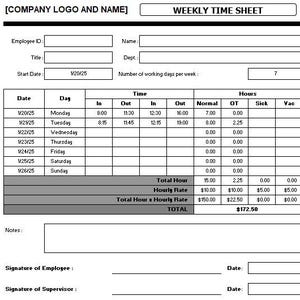 Pode incluir: Uma folha de ponto semanal em preto e branco com campos para informações do funcionário, datas e controle de tempo. Inclui seções para horas de Entrada, Saída, Normal, OT, Doença e Férias, com um total de 172,50 €.
