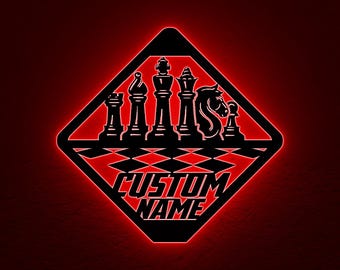 Custom Chess LED Wall Art: Personalized Name Sign, Game Room Decor