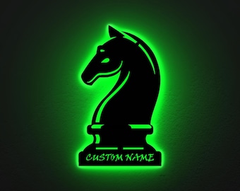 Personalized Chess Knight LED Wall Art: Custom Name Sign, Game Room Decor