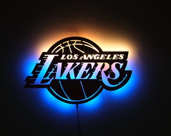 Los Angeles Lakers LED Wall Decor: RGB Color Changing Wood Sign, NBA team wall decor for man cave