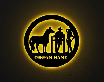 Custom Cowboy Cowgirl LED Wall Art: Personalized Family Name Sign