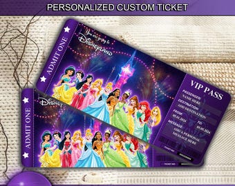 Personalized Disneyworld Ticket Theme Park Surprise Ticket, Gift Reveal, Princesses Disneyland Boarding Pass, Princesses Disney Reveal