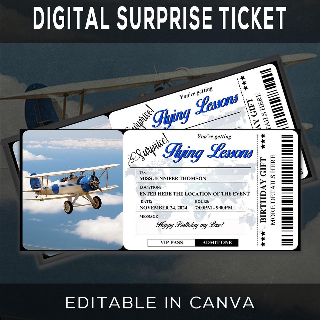 Flying Lessons Gift Ticket Template, Surprise Reveal (digital Download ...