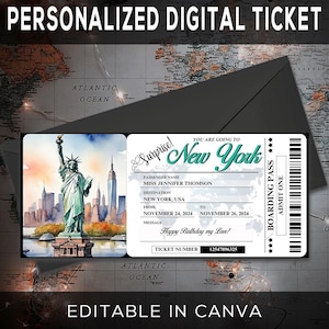 Imprimable modifiable NEW YORK Surprise BOARDING Pass Ticket, billet de voyage à New York, billet de vacances, modèle de toile modifiable à télécharger