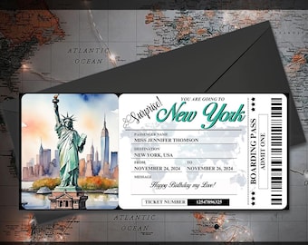 Printable Editable NEW YORK Surprise BOARDING Pass Ticket, Trip Ticket to New York, Vacation Ticket, Editable Canva Template Download
