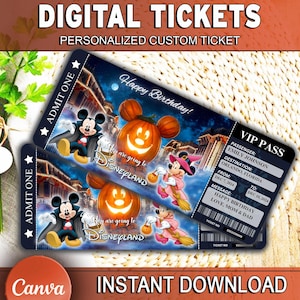 Puede incluir: Entradas digitales para Disneyland con ilustraciones de Mickey y Minnie Mouse, una calabaza y el texto "Happy Birthday!". Las entradas incluyen una sección VIP con los datos del pasajero, el destino y las fechas.