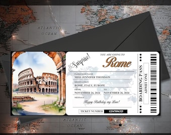 Printable Editable ROME Surprise BOARDING Pass TICKET, Trip Ticket to Rome, Vacation Ticket, Editable Template, Instant Download