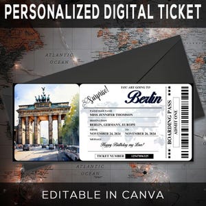 Printable Editable BERLIN Surprise BOARDING Pass Ticket, Trip Ticket to Berlin, Vacation Ticket, Editable Canva Template Download