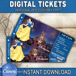 Personalisiertes Disneyworld Ticket Themenpark Überraschungsticket, Geschenk offenbaren, Prinzessinnen Disneyland Bordkarte, Prinzessinnen Disney offenbaren