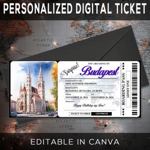 Druckbare bearbeitbare BUDAPEST Überraschung BOARDING Pass Ticket, Reisekarte nach Budapest, Urlaubsticket, bearbeitbare Canva Vorlage Download