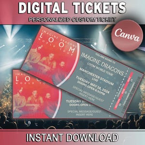 Stellen Sie sich vor, Dragons Ticket Loom World Tour Konzertshow Pass Überraschung Geschenk offenbaren Canva bearbeitbar personalisierte Download