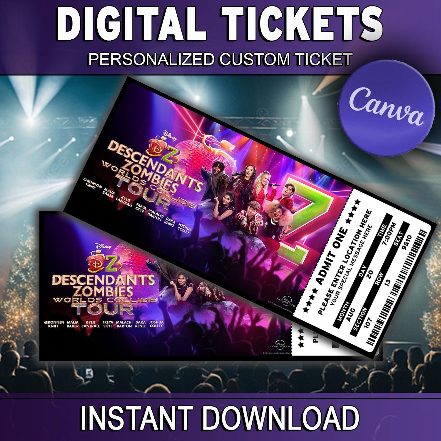 CANVA Printable Descendants Zombies Worlds Collide Tour Concert Show Pass Surprise Gift Reveal Memorabilia Editable Personalized Download