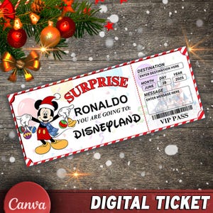 Druckbare Mickey Christmas Surprise Ticket, personalisierte Disneyland Urlaub, bearbeitbare DisneyWorld Souvenir Andenken, Canva Download