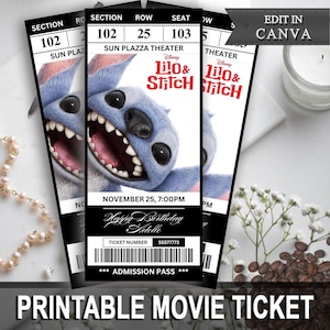 Voucher de cinema Lilo & Stitch 2025 para impressão, ingresso de cinema Lilo Stitch, modelo de vale-presente, voucher de ingresso de cinema CANVA personalizado