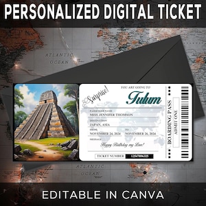 Druckbare bearbeitbare TULUM Surprise BOARDING PASS Ticket, Reisekarte nach Mexiko, Urlaubsticket, bearbeitbare Vorlage, sofortiger Canva-Download