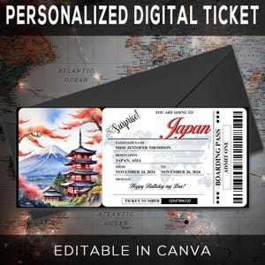 Billet cadeau voyage Japon surprise - Vous allez au JAPON - imprimable, vol, carte d'embarquement, modifiable, téléchargement immédiat, impression de voyage