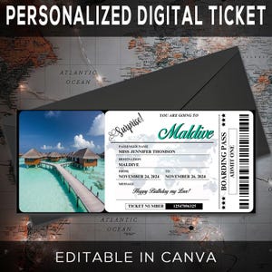 BIGLIETTO di BOARDING Pass MALDIVE Surprise stampabile, biglietto di viaggio per le Maldive, biglietto di vacanza, modello modificabile, download immediato Canva