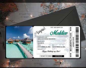 Printable Maldive Surprise Boarding Pass, Editable Vacation Ticket (Canva)