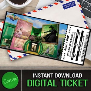 May include: A printable digital ticket for a Wicked Experience at Universal Studios Orlando. The ticket is green, black, and white with a picture of the Wicked musical characters. The ticket includes the date, time, and name of the event.