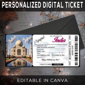 Printable Editable INDIA Surprise BOARDING Pass TICKET, Trip Ticket to India, Vacation Ticket, Editable Template, Instant Download