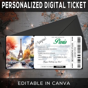 Druckbare bearbeitbare PARIS Surprise BOARDING Pass TICKET, Reisekarte nach Paris, Urlaubsticket, bearbeitbare Vorlage, Sofort Download