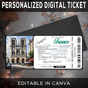 Printable Editable PARIS Surprise BOARDING Pass TICKET, Trip Ticket to France, Vacation Ticket, Editable Template, Canva Instant Download