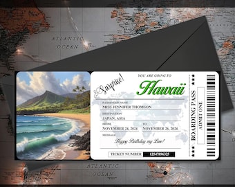 Hawaii Trip Surprise Gift Ticket - You&#39;re Going to HAWAII - Printable, Flight, Boarding Pass, Editable, Instant Download, Travel Print