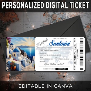 Printable SANTORINI GREECE Surprise Gift Ticket | Greece Printable Boarding Pass | Editable Personalised Present | SANTORINI Vacation ticket