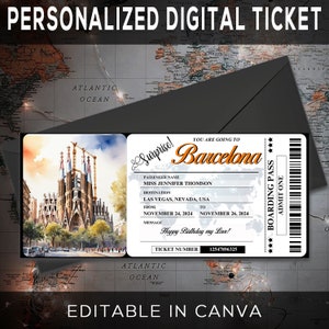 Printable Editable BARCELONA Surprise BOARDING Pass TICKET, Trip Ticket to Spain, Vacation Ticket , Editable Template, Instant Download
