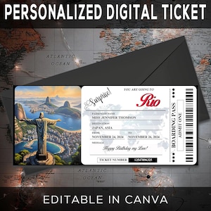 Rio de Janeiro Brazil Trip Surprise Gift Ticket - You're Going to BRAZIL - Printable, Flight, Boarding Pass, Editable, Travel Print