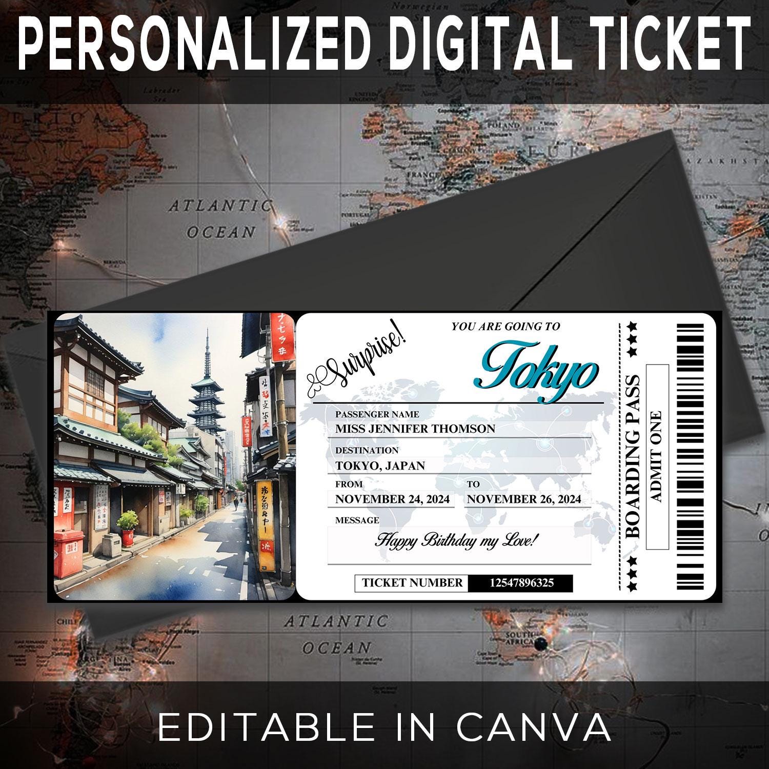 Tokyo Japan Trip Surprise Gift Ticket - You're Going to JAPAN - Printable, Flight, Boarding Pass, Editable, Instant Download, Travel Print