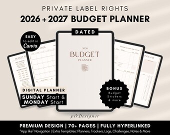 PLR Budget Planner Hyperlinked 2026 2027 PLR Digital Financial Planner, PLR Canva Budget Planner Template Editable, Digital Product Resell