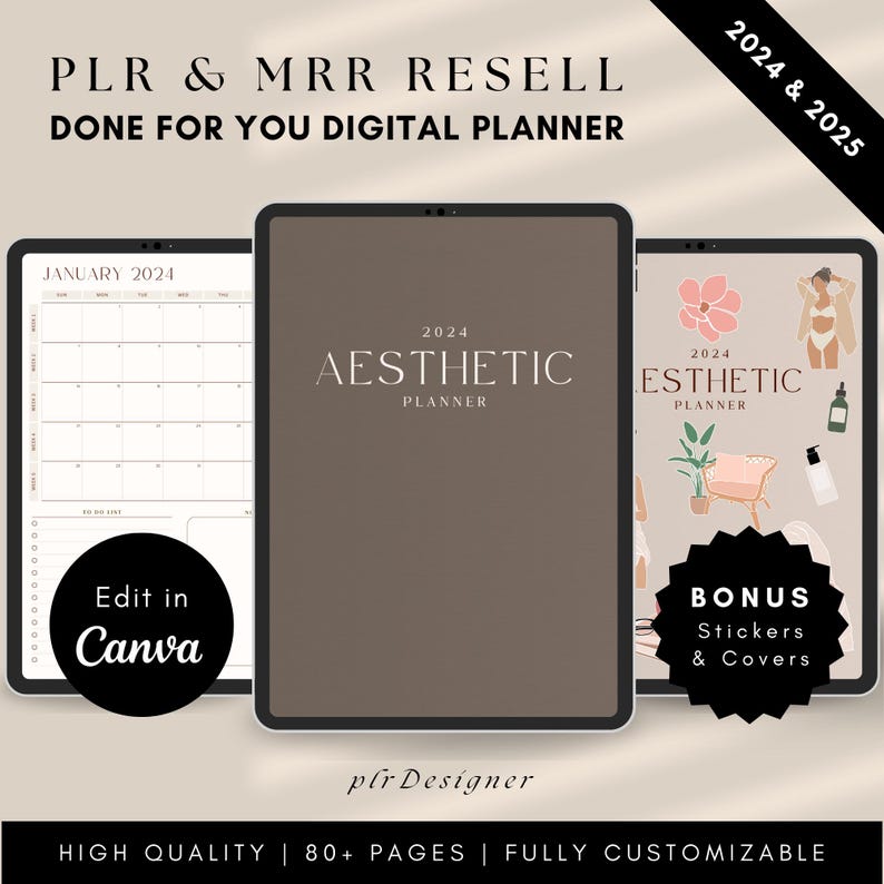 PLR MRR Digital Planner 2024 2025, Aesthetic Design Beige Brown Canva ...