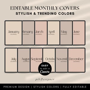 May include: Twelve digital planner covers with a minimalist design featuring the months of the year in a neutral color palette. The text "EASY to edit in Canva" is included in the image.