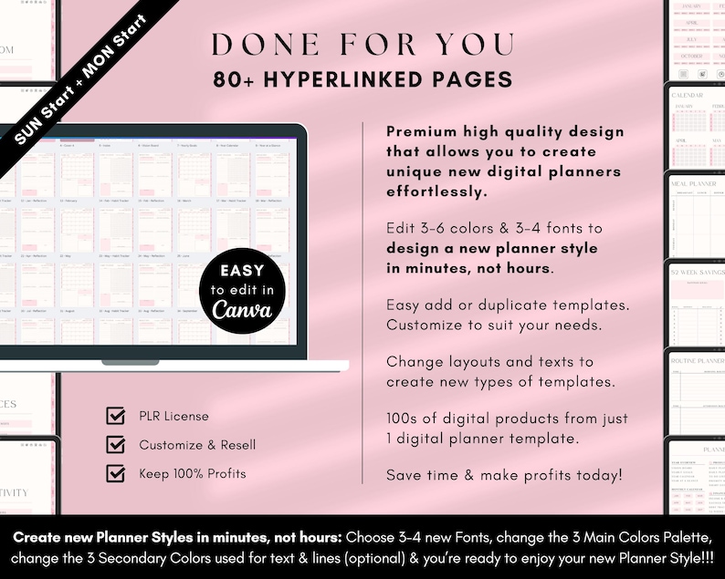Done For You Digital Product DFY Agenda to Plan Yearly Monthly Weekly Daily SUN Start MON Start
