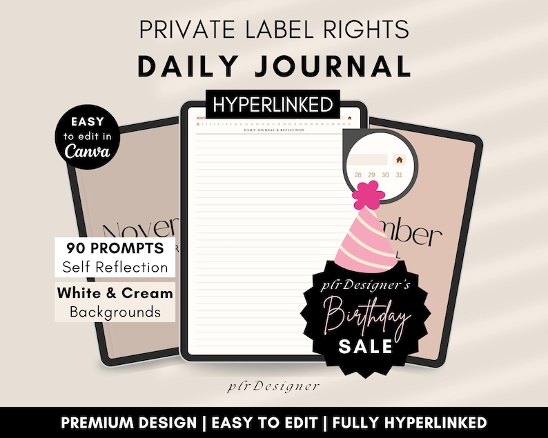 PLR Digital Daily Journal, Hyperlinked PLR Daily Journal Undated. Beige Daily PLR Canva Journal Template Resell Planner Private Label Rights image 1