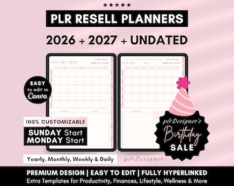 PLR Resell Planner 2026 2027 Undated PLR Canva Templates, DFY Planners, Plr Journals, Done For You Digital Planners Hyperlinked, White Label