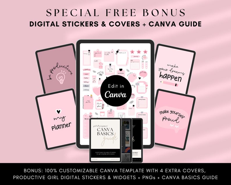 Bonus Canva Editable Digital Stickers and Covers for Agendas Calendars Journals Notebooks