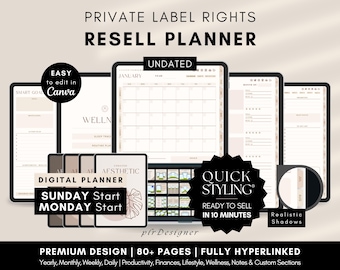PLR Digital Planner Undated, Hyperlinked. Premium Design, Aesthetic Beige Brown PLR Canva Template Resell Planner with Private Label Rights