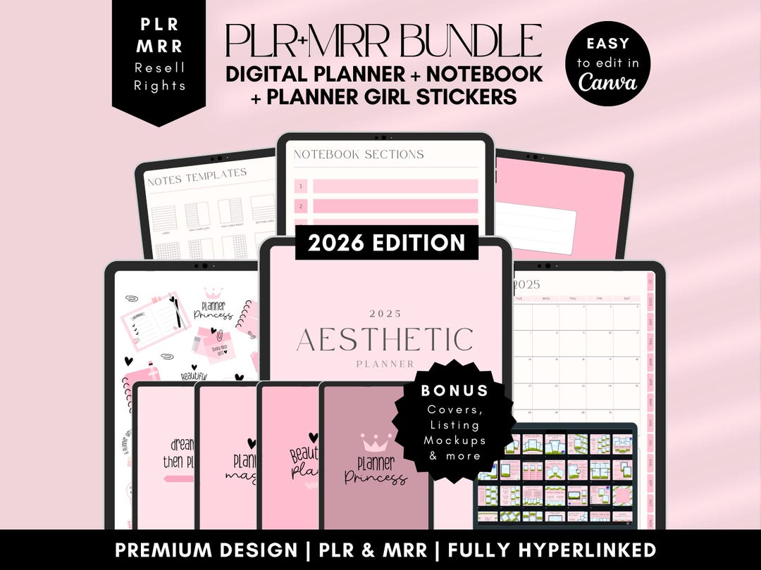 PLR Digital Planner Resell Bundle: 2026, Notebook, Stickers. Pink ...