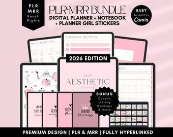 PLR Digital Planner Resell Bundle: 2026, Notebook, Stickers. Pink Hyperlinked PLR Canva Templates. MRR Digital Planner Reseller Rights