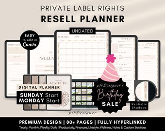 PLR Digital Planner Undated, Hyperlinked. Premium Design, Aesthetic Beige Brown PLR Canva Template Resell Planner with Private Label Rights