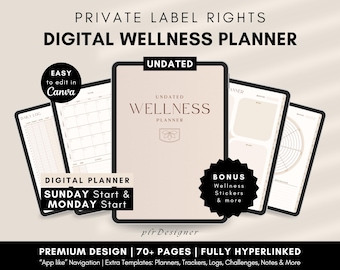 PLR Wellness Planner Hyperlinked Undated PLR Self-Care Journal, Wellness PLR Digital Planner Canva Template Editable Digital Product Resell