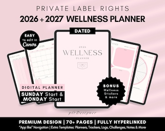 PLR Wellness Planner 2026 2027 Hyperlinked PLR Self-Care Journal, Wellness PLR Digital Planner Canva Editable Digital Product Resell Journal